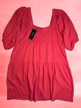 NWT Bright Coral Square-Neck Tiered Mini Dress Short Sleeve sz L Flowy Feminine